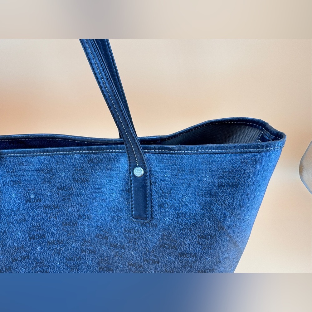 MCM Navy Blue Black Visetos Coated Canvas and Leather Open Tote - Picture 12 of 16